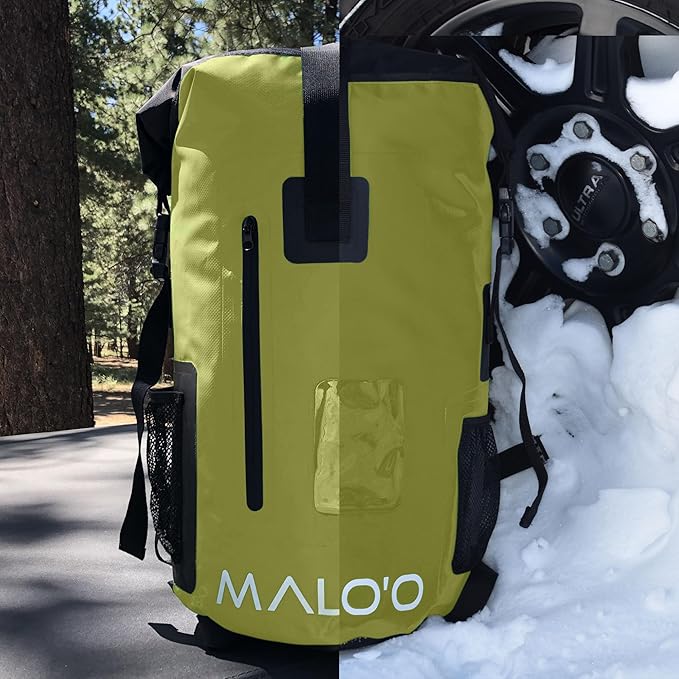 Malo’o DryPack 30L Waterproof Backpack, Roll-Top Dry Bag Backpack with Padded Straps, Floating Design for Beach, Kayaking, Fishing, Boating, Travel, and Water Sports, Dark Green