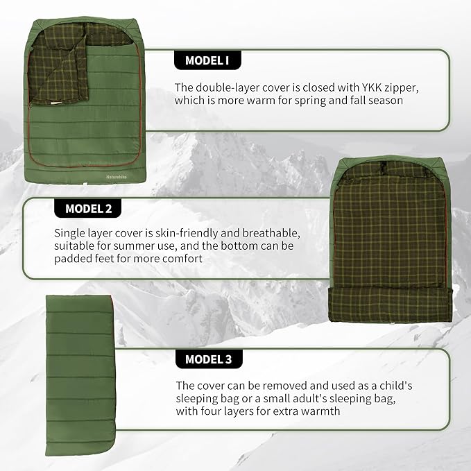 Naturehike Flannel Queen Size Double Sleeping Bag for Adults with Pillows, Doublewide Two Person Sleeping Bag for Couples & Whole Family, All Seasons for Camping, Hunting & Bedding