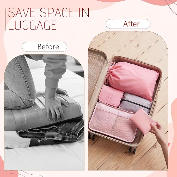 9 Pcs Packing Cubes Set for Travel with Waterproof Clothing Cubes Toiletry Shoe Laundry Jewelry Bag for Women Men(Light Pink)