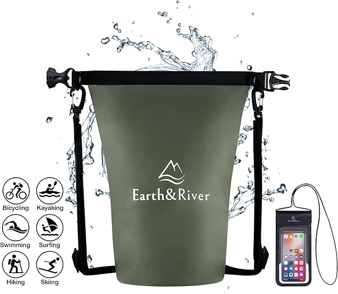 EARTH&RIVER Premium Waterproof Dry Bag Backpack, Extra Thick, Protection for All Water Activities & camping, Floating Lightweight Dry Bag & IPX8 Waterproof Phone Case (Army Green, 5L)