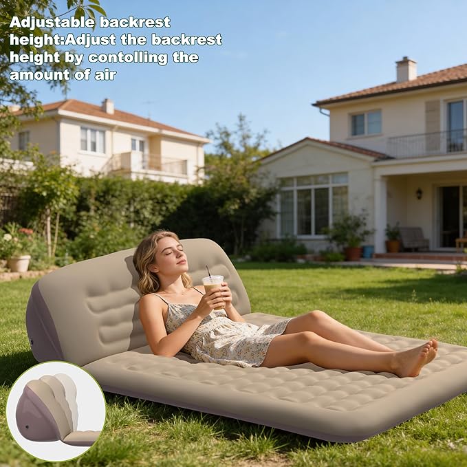 Twin Size Inflatable Air Mattress with Adjustable Backrest -2 in 1 Inflatable Mattress Portable Queen Size Double Camping Mattress for Home & Outdoor Relaxing - Queen