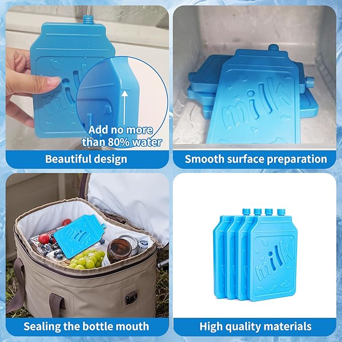 Ice Pack for Lunch Box and Cooler, BPA Free, Reusable and Long Lasting, Slim and Lightweight Design, Set of 4, （Blue）