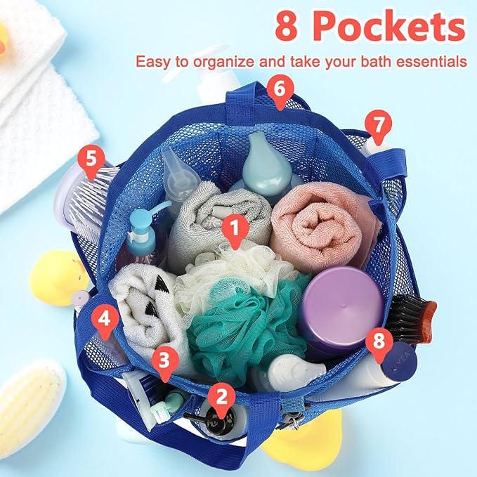 Mesh Shower Caddy Portable for College Dorm Room Essentials, 8-Pocket Large Shower Basket Tote Bag with 2 Handles for Toiletry, Bathroom, Beach, Camp, Gym