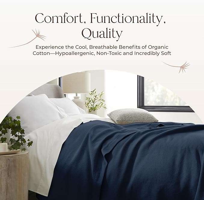 100% Organic Cotton Blanket - GOTS & Fairtrade Certified Organic Cotton Throw Blanket for Bed with Soft Warm & Breathable Single Knit Weave - Great as Bedspread or Coverlet (Navy, Full/Queen)