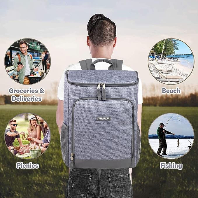 Insulated Cooler Backpack Food Delivery Bag with Drink Cup Holders, Pocket | Soft Sided Backpack Cooler Insulated Leak Proof 30 Can Travel Cooler Bag for Groceries, Camping, Beach