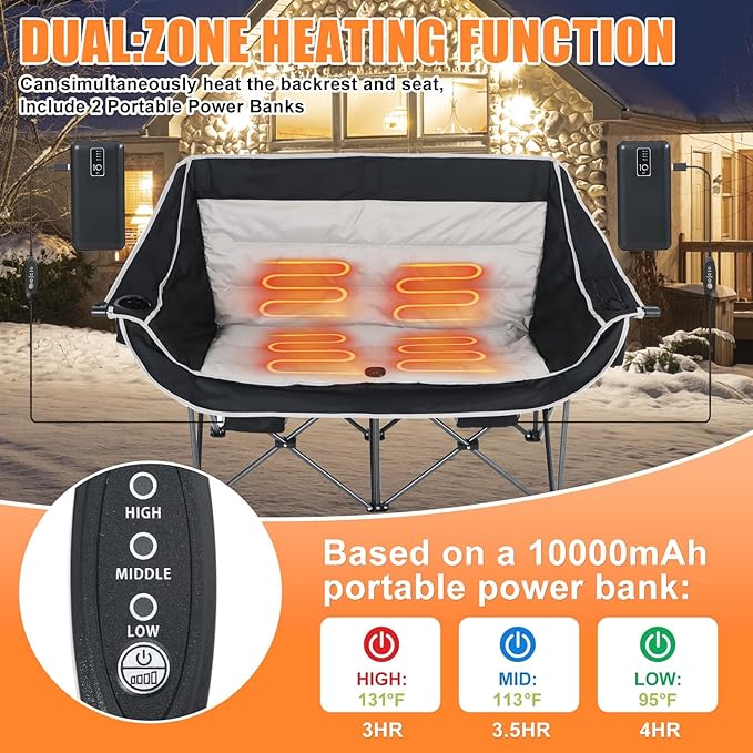 CDEN Heated Camping Chair with Battery, Padded Chair, Oversized Camping Loveseat, Double Camping Chairs, with Cup Holder, Cooler Bag, Wine Holder, Dual Power Banks Included(Black & Gray)