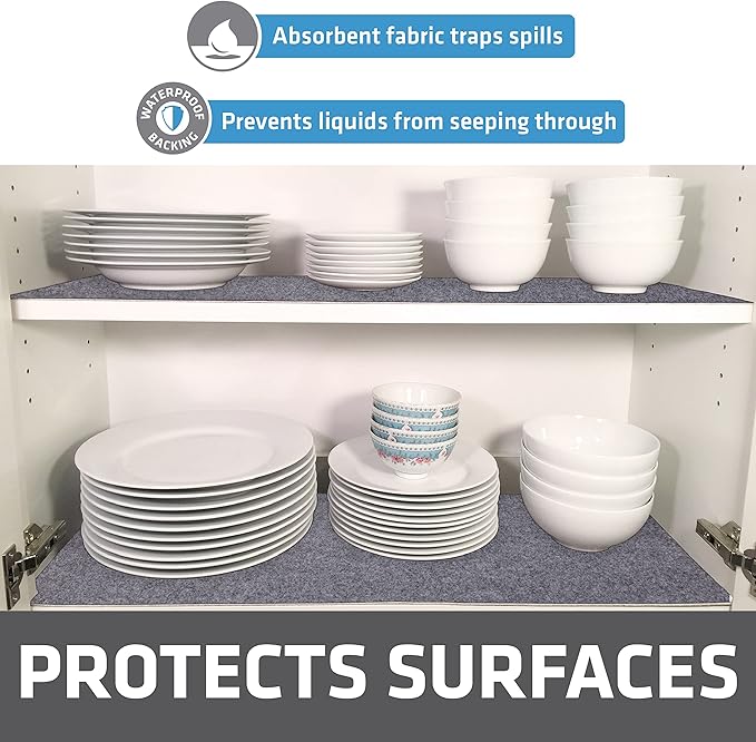 Drymate Premium Luxury Shelf & Drawer Liner, Thick Cushioned Fabric, Non-Adhesive, Absorbent, Waterproof, Slip-Resistant, Liners for Kitchen Cabinets, Cupboards (USA Made)(12”x59”)(2-Pack)(Light Grey)