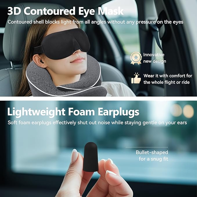 Proglobe Travel Neck Pillow 100% Memory Foam – Airplane & Car Travel Essentials Kit with 3D Eye Mask, Earplugs & Mesh Bag – Sleeping Support Pillow for Adults (Dark Grey)