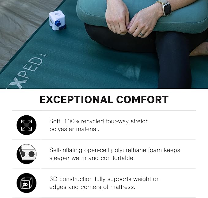 Exped MegaMat Duo Queen - Self Inflating Soft Car Sleeping Mat, 4” Foam Pad, Pump Included
