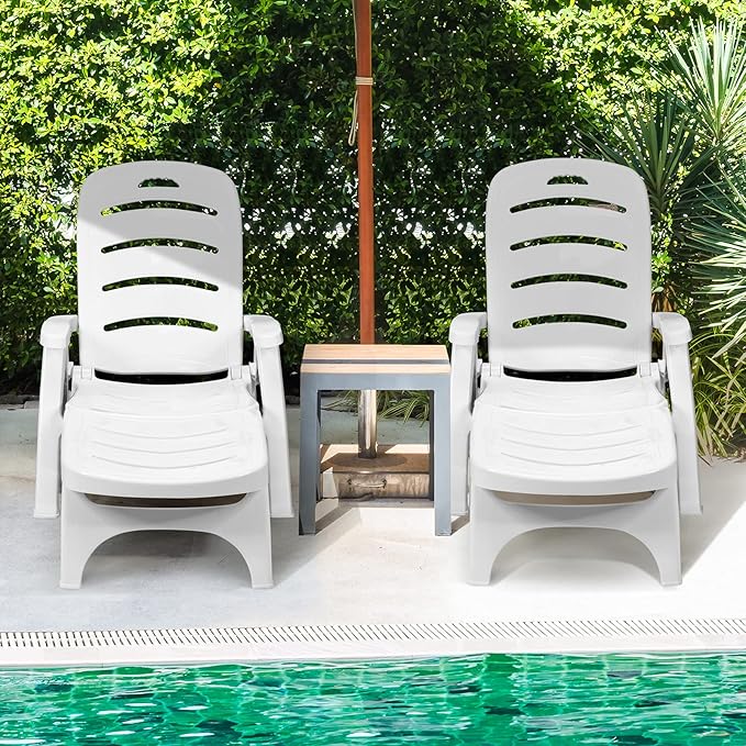 Tangkula Outdoor Chaise Lounge Chair, Adjustable 5-Position Recliner Chair with Built-in Wheels, Weather-Resistance Folding Lounge for Patio, Backyard, Poolside and Beach (1, White)
