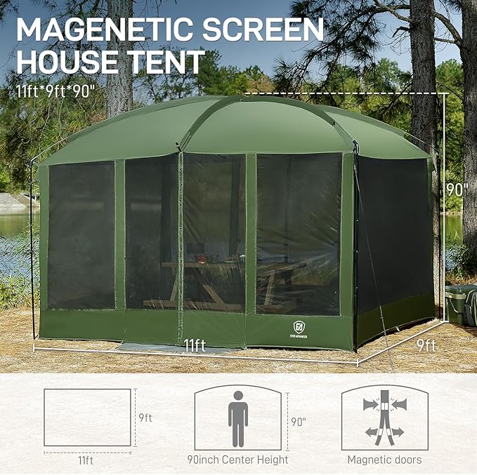 EVER ADVANCED Magnetic Screen House Room 11x9ft, Hands-Free Entry,Screenhouse with Sun Protection for Camping&Picnic, 11x9ftCamping Tent Canopy Shelter with Mesh, Green