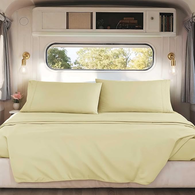 Hearth & Harbor Short Queen Sheets for RV, Vanilla Yellow RV Queen Sheets, Silky Soft 1800 Microfiber Bed Sheet for Camper, 4 Piece RV Bedding with Pillowcases