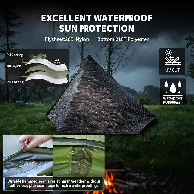 TENPLAY Ultralight 1 Person Tent - 970g 20D Nylon, 130cm Height, PU5000 Waterproof, Easy Setup, NO Trekking Pole for Hiking, Camping & Mountaineering