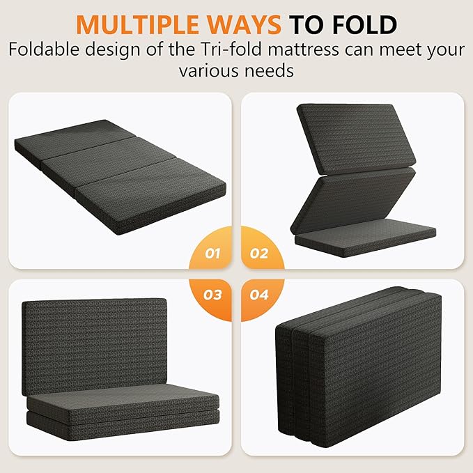 6 Inch Gel Memory Foam Mattress Twin Size, Portable Tri-Folding Mattress with Washable Cover, for Guest Bed, Camping, Travel, Dormitory, Black