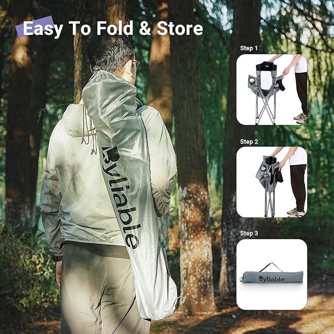 Camping Chairs Lawn Portable Foldable Camp Folding Lightweight Chair for Adults with Drink Holder and Cooler Pouch Outdoor for Camping, Lawn, Sports, Picnic, Music Festival, Gray Black