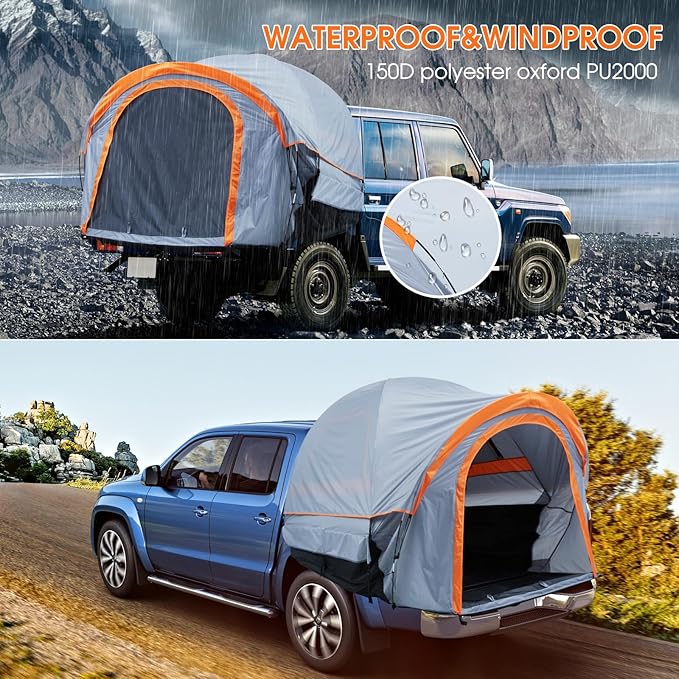 Pickup Truck Tents, Waterproof Pu2000mm Double Layer Truck Bed Tent with Rainfly for 2 Person, Portable Truck Tent for Camping, Fishing, Travel