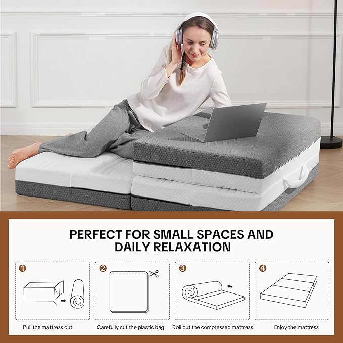 HOMBYS 6 Inch Folding Mattress Queen Size, Portable Tri-Fold Memory Foam Mattress with Removable Washable Cover for Guest Room, Camping & Travel - CertiPUR-US Certified