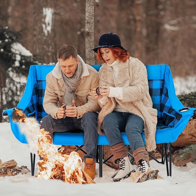 DoCred Heated Double Camping Chair, Folding 2 Person Camping Chairs Loveseat Outdoor Sports,Heated Oversized Lawn Chairs for Adults,Heating Camp Chair with 3 Heat Levels, Battery NOT Included