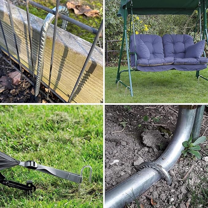 Rebar Stakes, 16 Inch Heavy Duty Galvanised Steel Rebar Ground Stakes, Fence Anchors, Ground Stakes with Hook, Ground Blind Stakes for Marquees, Gazebos, Tents, Trampolines, Camping (8pcs)