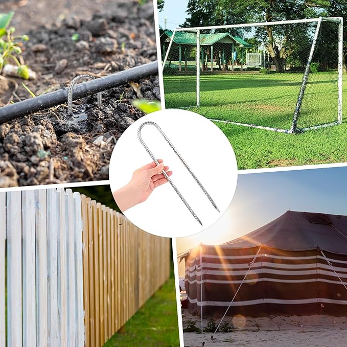 10-Pack High Duty Ground Stakes, 12 Inch U-Shape Hook Rebar Stakes Steel Metal Camping Tent Anchor for Yard Landscape/Swing Sets/Fence/Garden