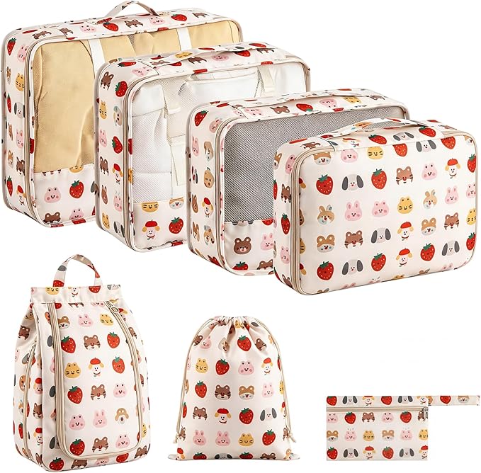 Packing Cubes for Travel 7 Set Luggage Organizer Bags for Family Mesh Breathable Travel Packing Organizers Durable Travel Essentials Suitcases Organizer Bags Set (Strawberry Bear)