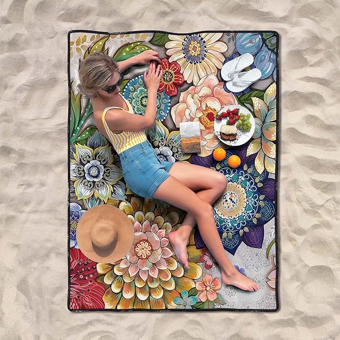 Waterproof Picnic Blankets Foldable & Portable 60''x80'' Boho Picnic Mat for Outdoors, Large Washable Picnic Blanket for Travel Camping Beach, Park Grass Picnic Blanket Accessories for Adults