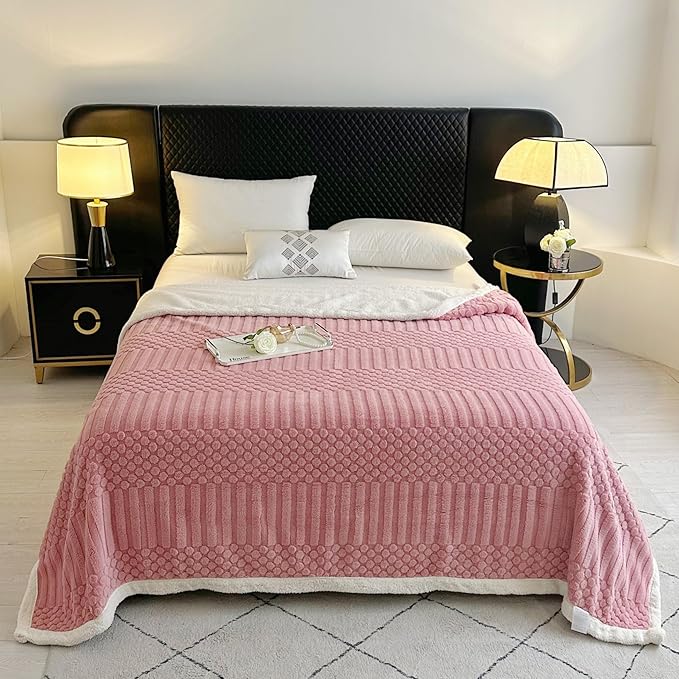 UKELER Sherpa Throw Blanket 60 × 80 inch, Ultra Soft Twin Size Fleece Blanket for All Season, Cozy Plush Striped Blankets for Bed Couch Sofa Office Camping, Pink