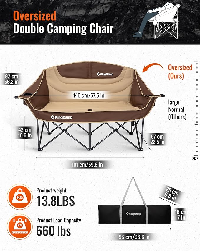 KingCamp Double Camping Chair, Oversized 660lbs Heavy Duty Loveseat for Adults Portable Folding XL 2 Person Couch Padded Comfortable Two Seat with Cup Holder for Outdoor Lawn Backyard, Khaki/Coffee
