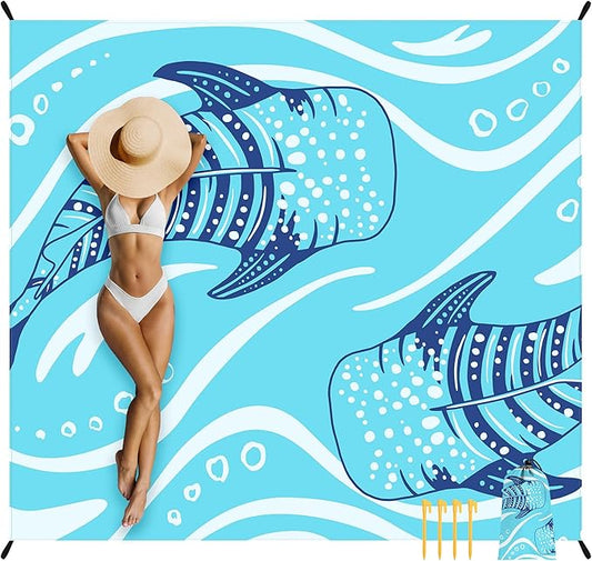 Beach Blanket, 78''×86'' Large Waterproof Sandproof Beach Mat for 2-4 Adults, Lightweight Compact Sand Free Outdoor Picnic Blanket with 4 Stakes & 4 Corner Pockets