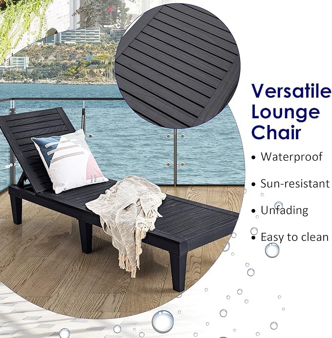 Tangkula Outdoor Chaise Lounge Chair, Lightweight Patio Lounge Recliner Chair with Adjustable Backrest, 5 Reclining Positions Chaise Lounger for Patio, Beach, Balcony, Poolside, Backyard (2, Black)