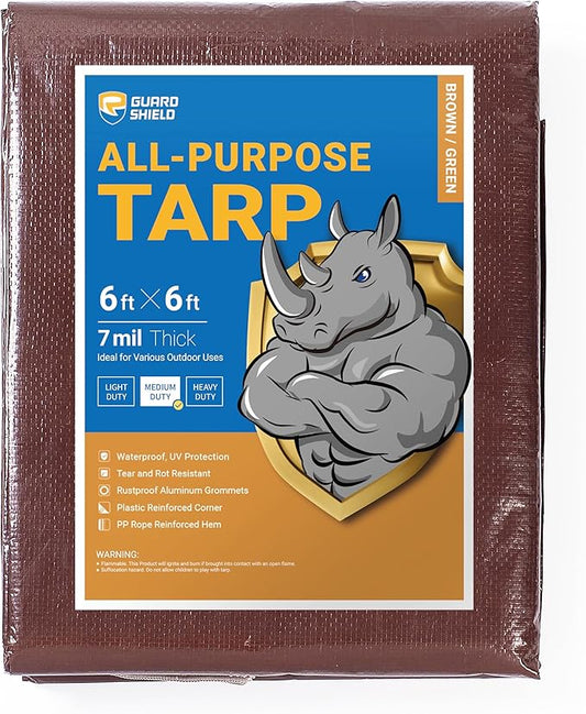 GUARD SHIELD Brown/Green Tarp 6x6 Feet Medium Duty Outdoor Waterproof Multi Purpose Poly Tarps Cover 7mil