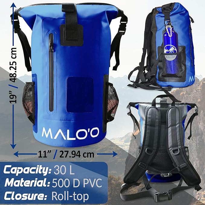 Malo’o DryPack 30L Waterproof Backpack, Roll-Top Dry Bag Backpack with Padded Straps, Floating Design for Beach, Kayaking, Fishing, Boating, Travel, and Water Sports, Dark Blue