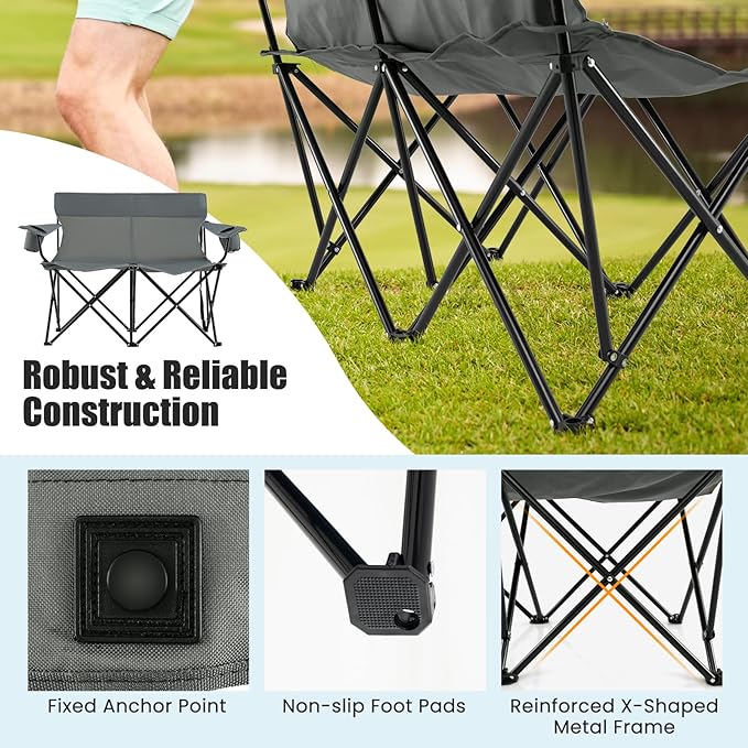 Goplus Double Camping Chair, Oversized Heavy Duty Camping Loveseat for Adults, Portable Folding 2 Person Camping Chair with Cup Holder for Outdoor Lawn Beach Backyard