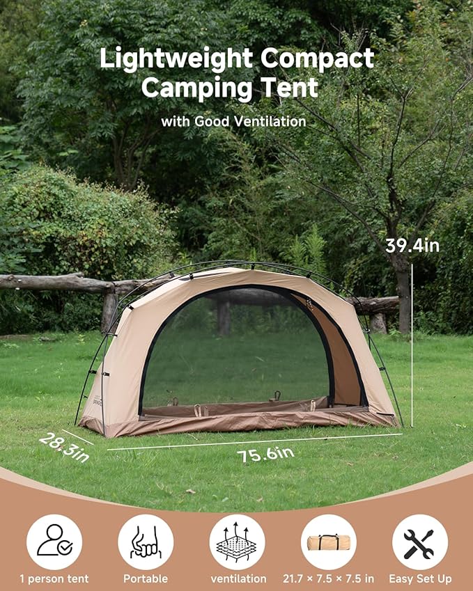 Penglai 1 Person Backpacking Tent - Portable Lightweight Camping Tent 210G TC Cotton, Compact for Traveling & Hiking（Sand）