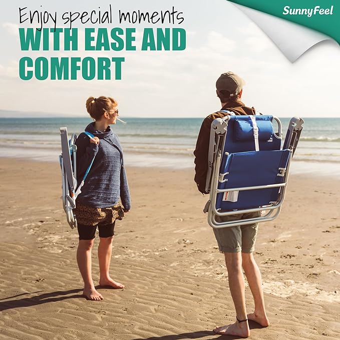 SUNNYFEEL Low Back Folding Beach Chair, Aluminum Heavy Duty Beach Chair with 3 Reclining Position, Portable Camping Chair for Adults with Wood Armrest, Lightweight Camping Chair 300lbs, Green, 2 Pack