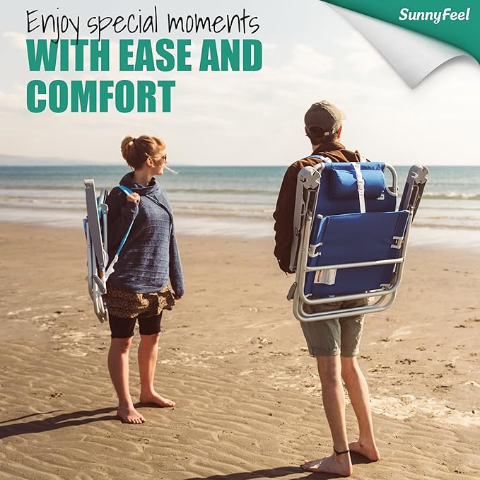 SUNNYFEEL Low Back Folding Beach Chair, Aluminum Heavy Duty Beach Chair with 3 Reclining Position, Portable Camping Chair for Adults with Wood Armrest, Lightweight Camping Chair 300lbs, Blue, 2 Pack
