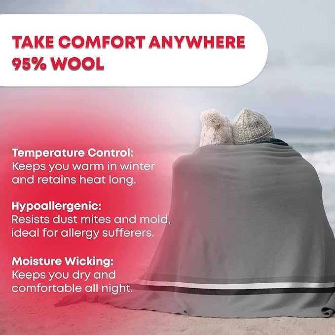 Military Wool Blanket - 95% Wool, Washable, Perfect for Outdoors, Picnics, Travel, Car & Bushcraft Emergency Blanket, 96" x 96" 6.65 lbs. - Grey with Stripes - Queen Size