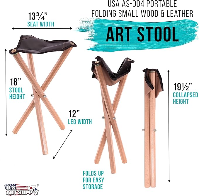 US Art Supply Portable Three Leg Wood Artist Folding Stool with Saddle Leather Seat