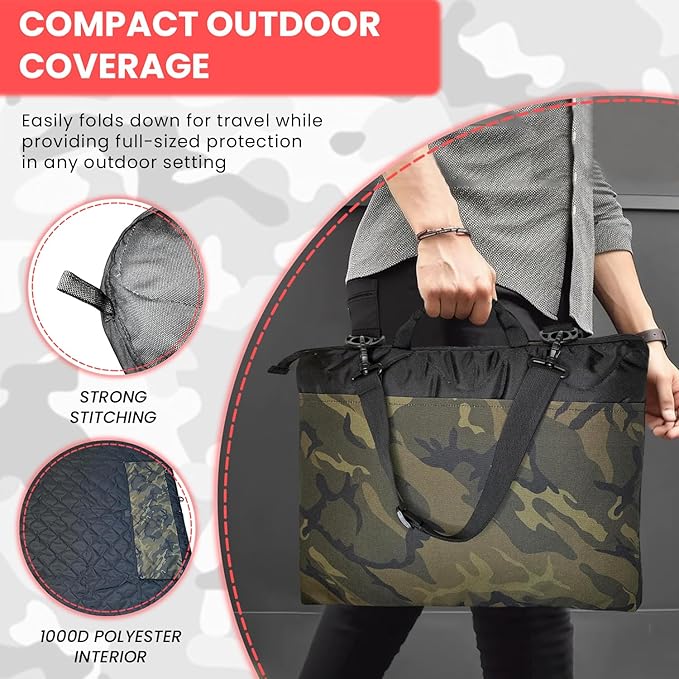 Outdoor Packable Camo Blanket - 1000D Polyester Interior & RIPSTOP Fabric Exterior Blanket with Adjustable & Removable Carrying Strap - Front, Back Storage Pocket - Ideal for Camping & Outdoor Use