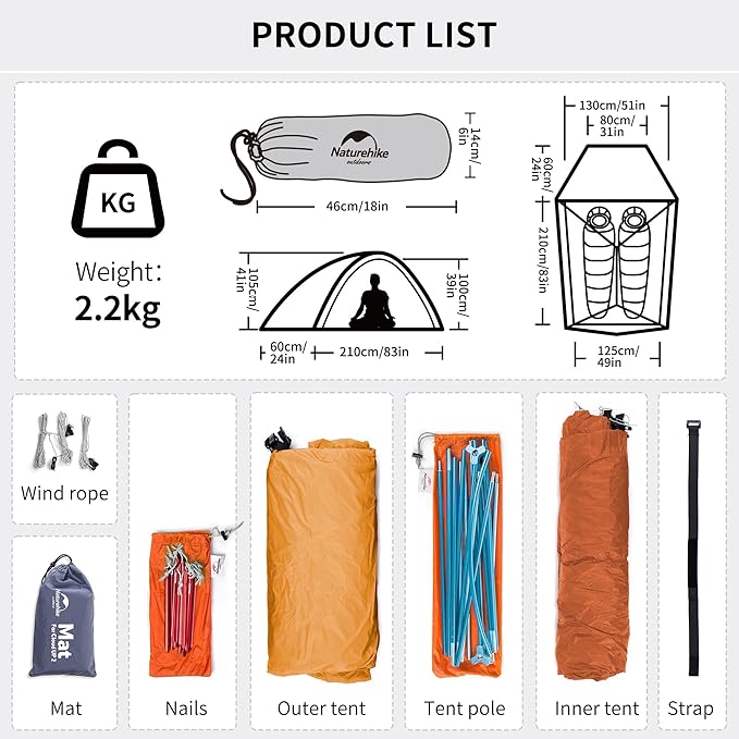 Naturehike Cloud-Up 3 Person Lightweight Backpacking Tent with Footprint - 3 Season Free Standing Dome Camping Hiking Waterproof Backpack Tents
