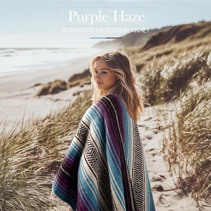 Hydration Nation Authentic Extra Large Mexican Blanket (70"x50") - Handwoven Yoga, Serape- Artisanal Falsa, Beach, Camping, Picnic, Outdoor - Purple Haze