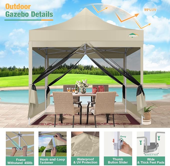 COBIZI 10x10 Canopy Tent, Heavy Duty Pop up Canopy with Sidewalls, Waterproof Easy Setup Canopy with Mosquito Netting, Outdoor Instant Screen Tents for Parties, Wedding, Backyard with Carry Bag, Khaki