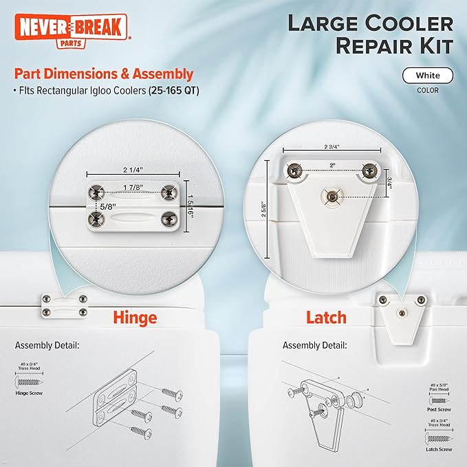 NeverBreak Parts - Igloo Cooler Replacement Parts - Large Repair Kit | High Strength Igloo Cooler Hinges Replacement with Latches | Ice Chest Repair Kit
