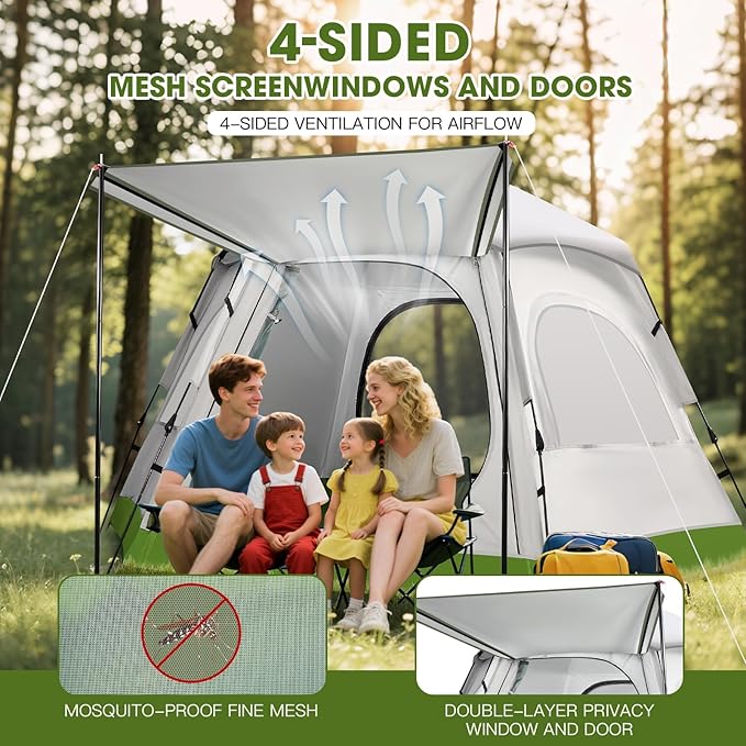 Family Camping Tent 4 Person Waterproof Cabin Tent with Awning and 4 Sided Mesh Windows Easy Setup Portable Outdoor Tent for Beach Park Mountain Hiking Fits 1 Full Air Mattress