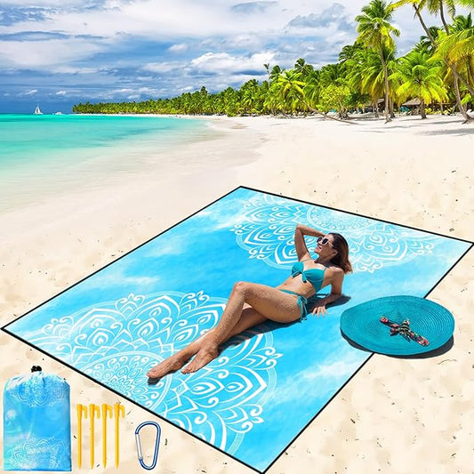 Beach Blanket Waterproof Sandproof Beach Mat 79" X 83"/10'x9'for 2-8 Adults Quick Drying Outdoor Picnic Mat Beach Accessories for Travel, Camping, Hiking