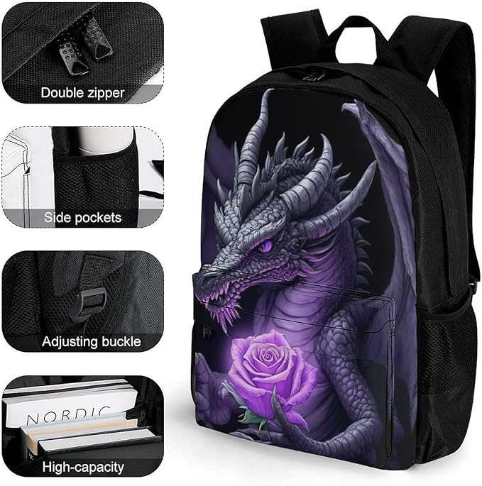 Lightweight Backpack for Gym Travel Bicycle, Big Capacity Multipurpose Anti-Theft Carry On Bag, Cool Dragon Purple Rose Black Travel Hiking Bag Day Pack