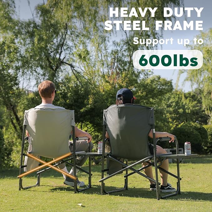 Oversized Directors Camping Chair Set of 2 Support 600 LBS, Heavy Duty Folding Outdoor Chairs with Detachable Side Pocket and Adjustable Side Table for Outside Beach,Lawn,Fishing (Green)