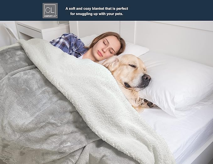 Comfort Lab Reversible Flannel Sherpa Blanket - Elegant Fluffy Bed Blankets for Bedroom and Home Decor - Anti Pilling Non Shedding Cozy & Warm Fleece Cover - Twin/Twin XL (66" x 90") - Grey