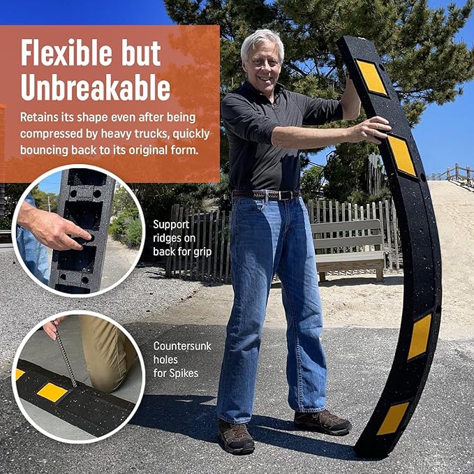 SmartSign Rubber Parking Curb, (Pack of 10) Heavy Duty Parking Stops with Yellow Reflective Stripe Chevrons, 72" Long (6ft), Wheel Stops for Parking Lots/Garage/Cars/Trucks, Pre-Drilled Holes