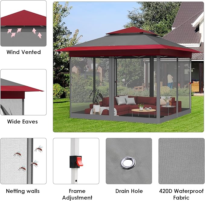 TLSUNNY 11' X 11' Gazebo, Pop Up Outdoor Canopy Tent W/4 Mesh Walls & Wheeled Bag, Screened Shelter with Netting, One-Person Set Up, Height Adjustable, for Patio, Yard, Party, Garden(Burgundy)